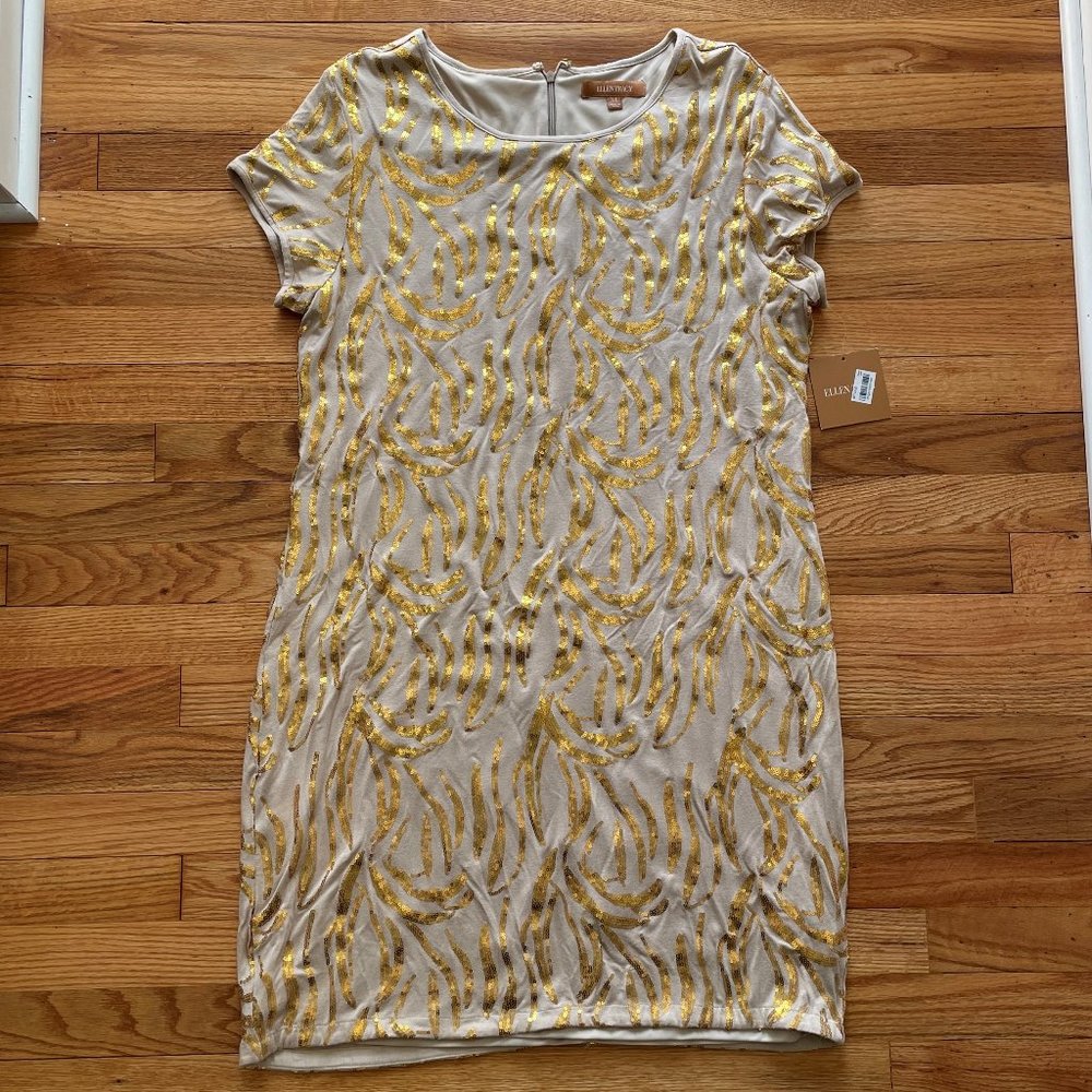 NWT Ellen Tracy Tan and Gold Short Sleeve Dress Size Extra Large